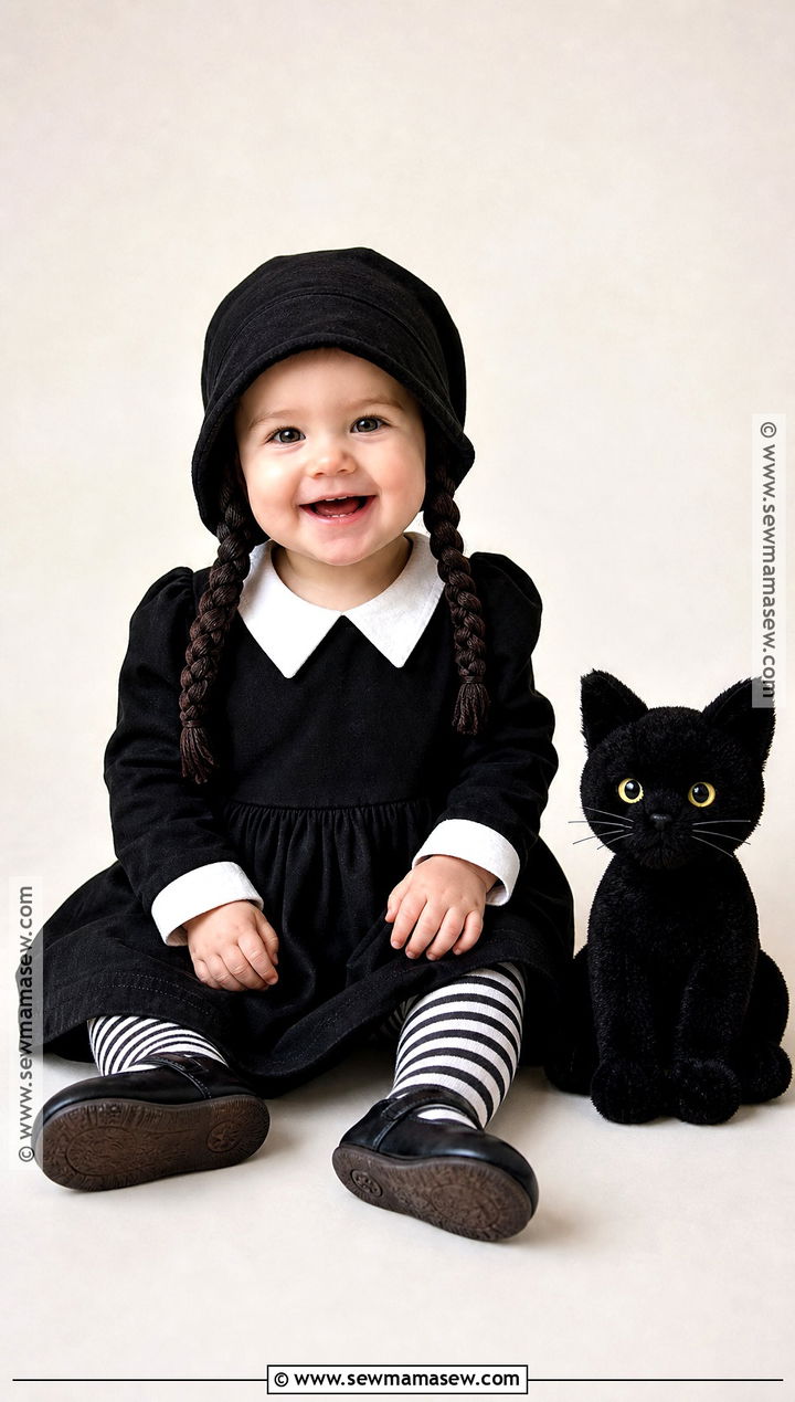 Baby Girl Wednesday Addams Costume With Braided Bonnet - 35 baby costumes for girls