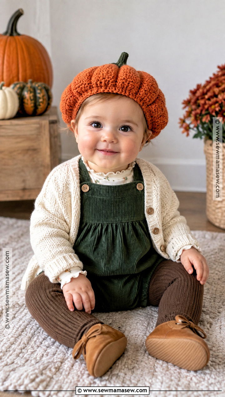 Baby Pumpkin Beret With Corduroy Romper - 20 baby pumpkin hat ideas
