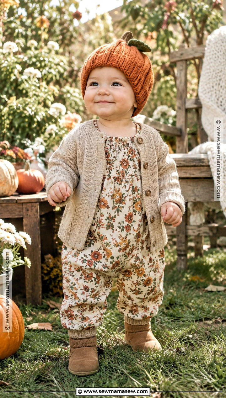 Baby Pumpkin Bonnet With Floral Jumpsuit - 20 baby pumpkin hat ideas