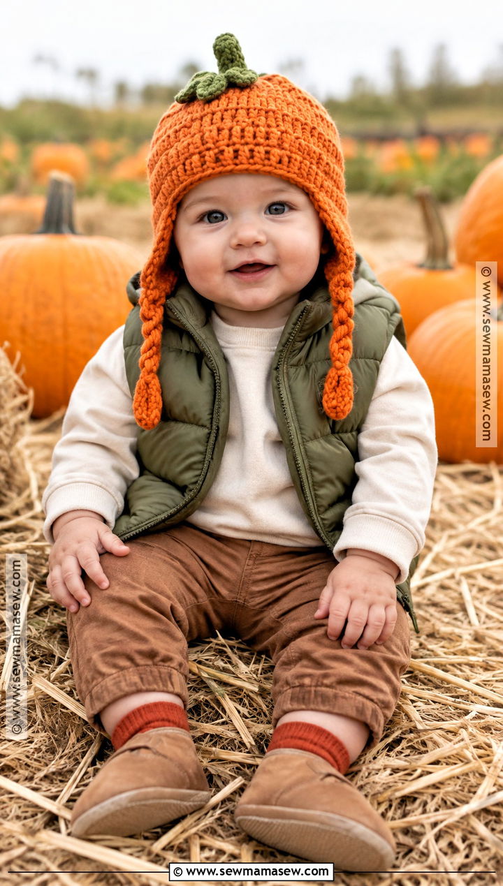 Baby Pumpkin Earflap Hat With Puffer Vest - 20 baby pumpkin hat ideas