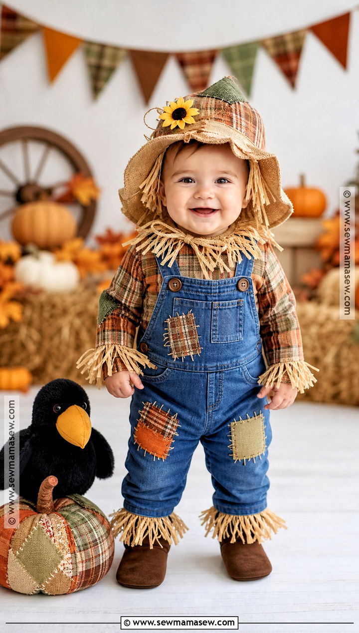 Baby Scarecrow Costume With Patchwork Overalls - 30 baby halloween costume ideas
