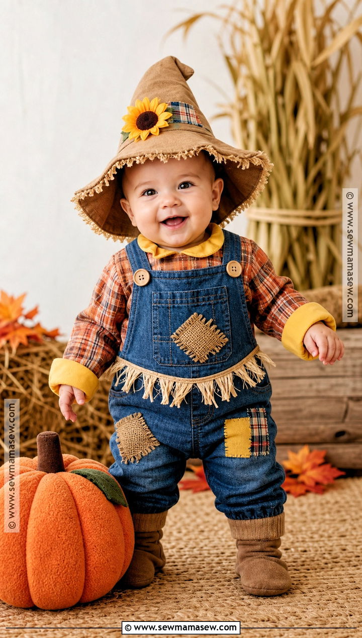 Baby Scarecrow Costume With Patchwork Overalls - 30 halloween baby costumes