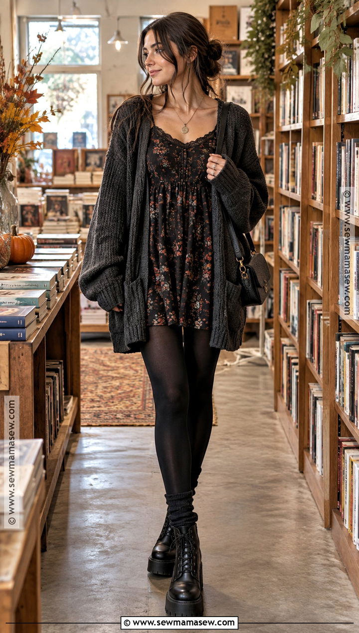 Babydoll Dress and Cardigan Fall Grunge Outfit - 15 cute fall grunge outfits