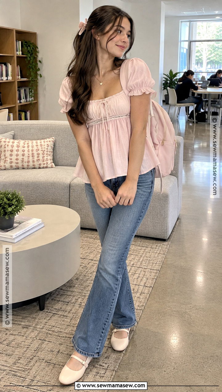 Babydoll Top And Bootcut Jeans Coquette Outfit - 15 Back To School Outfits Coquette