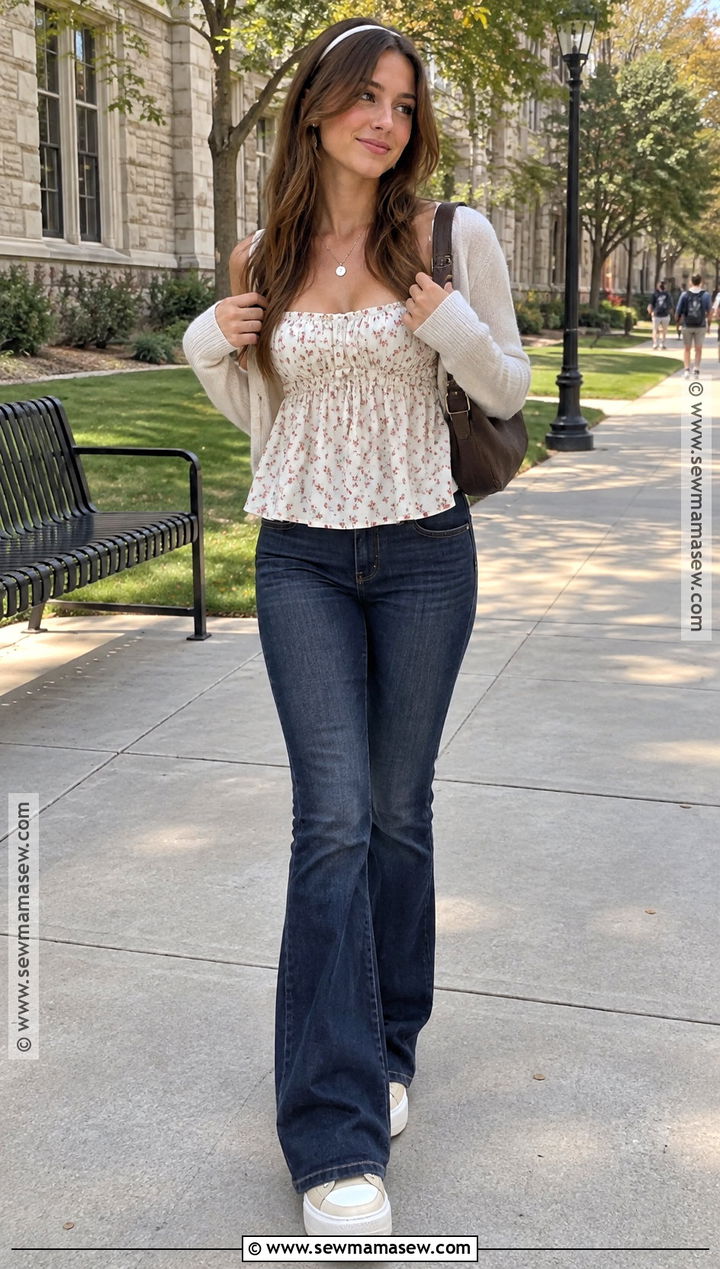 Babydoll Top And Flare Jeans Y2K Back To School Outfit - 20 y2k back to school outfits