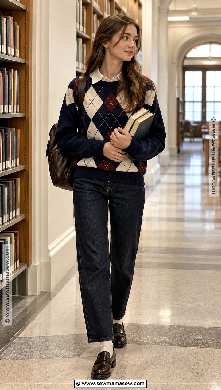 Back To School Argyle Sweater And Dark Jeans Outfit - 20 Clothes For Back To School
