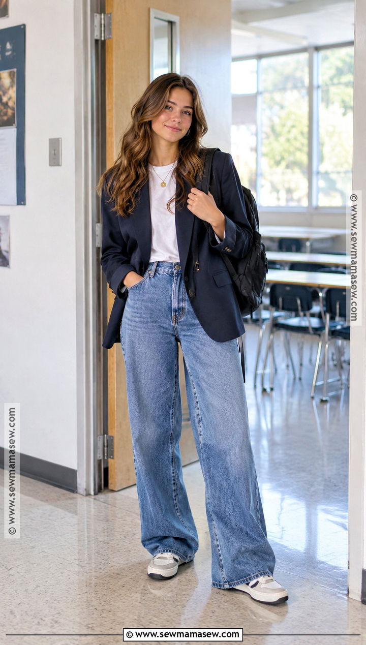Back To School Blazer And Wide Leg Jeans Outfit - 20 Clothes For Back To School