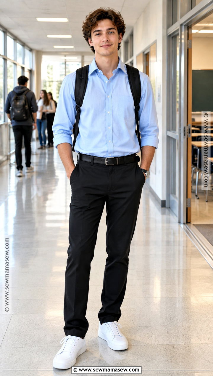 Back To School Button Down Shirt And Black Pants Outfit - 20 Back To School List Clothes