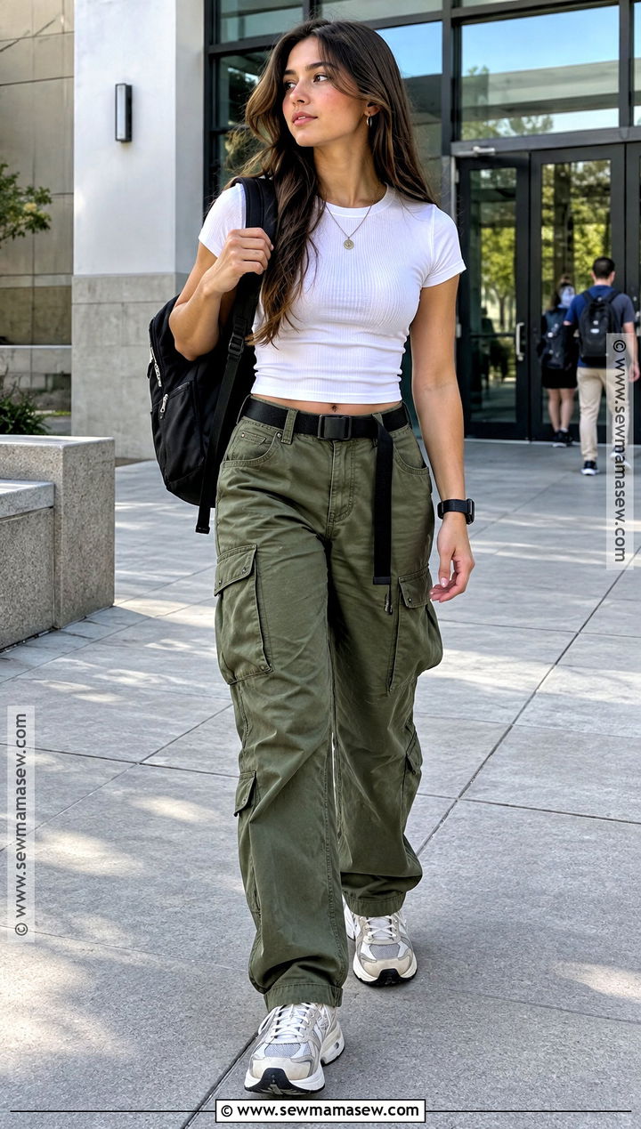 Back To School Cargo Pants And Fitted Tee Outfit - 15 Back To School Outfit With Accessories