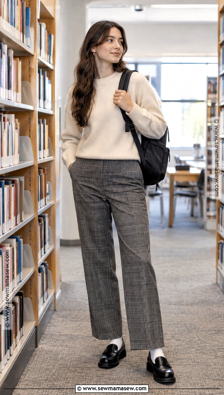 Back To School Crewneck Sweater And Plaid Pants Outfit - 20 Back To School List Clothes