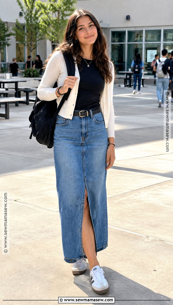 Back To School Denim Maxi Skirt And Tee Outfit - 15 Cute Back To School Fits 2026