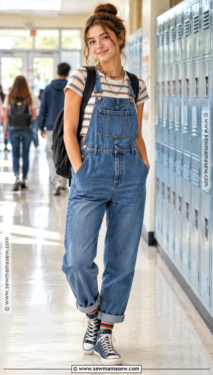 Back To School Denim Overalls And Fitted Tee Outfit - 15 Cute Back To School Fits 2026