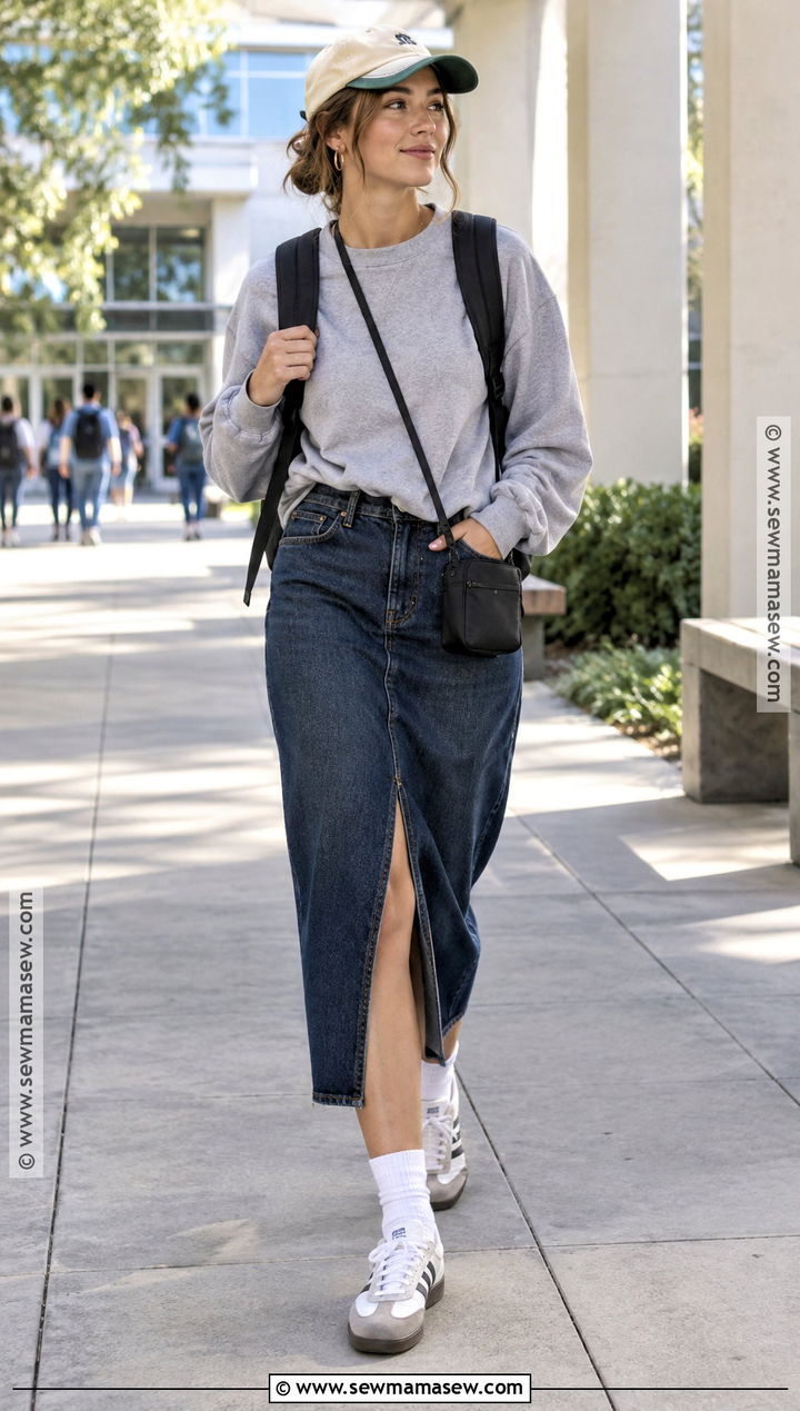Back To School Denim Skirt And Sweatshirt Outfit - 15 Back To School Outfit With Accessories