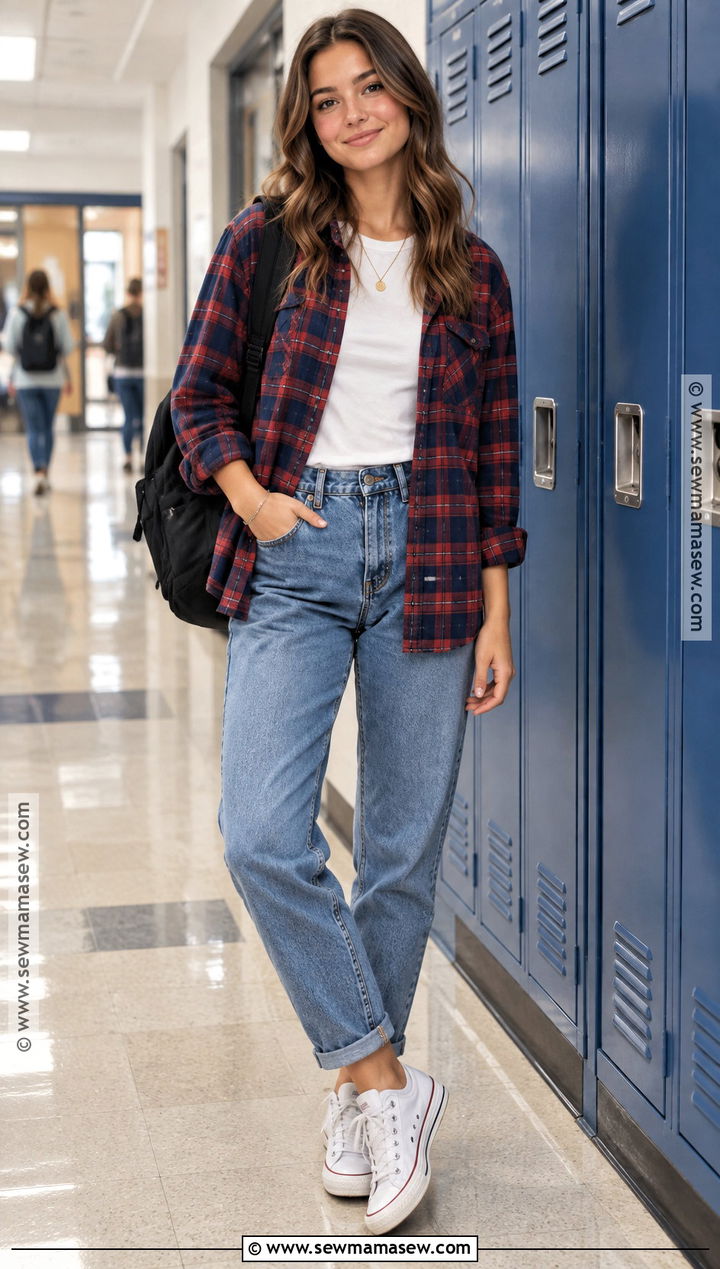 Back To School Flannel Shirt And Mom Jeans Outfit - 20 Back To School List Clothes