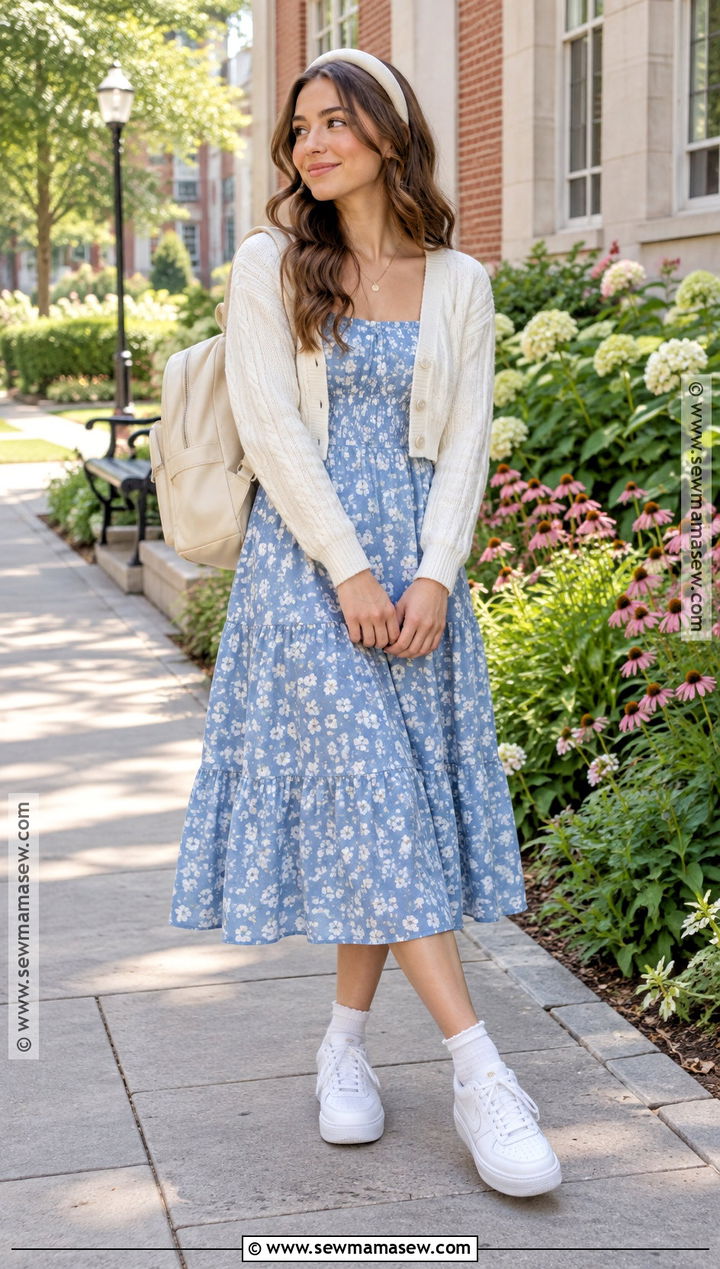 Back To School Floral Dress And Sneakers Outfit - 15 Cute Back To School Fits 2026