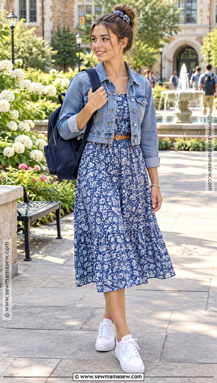 Back To School Floral Dress And Sneakers Outfit - 15 Back To School Outfit With Accessories
