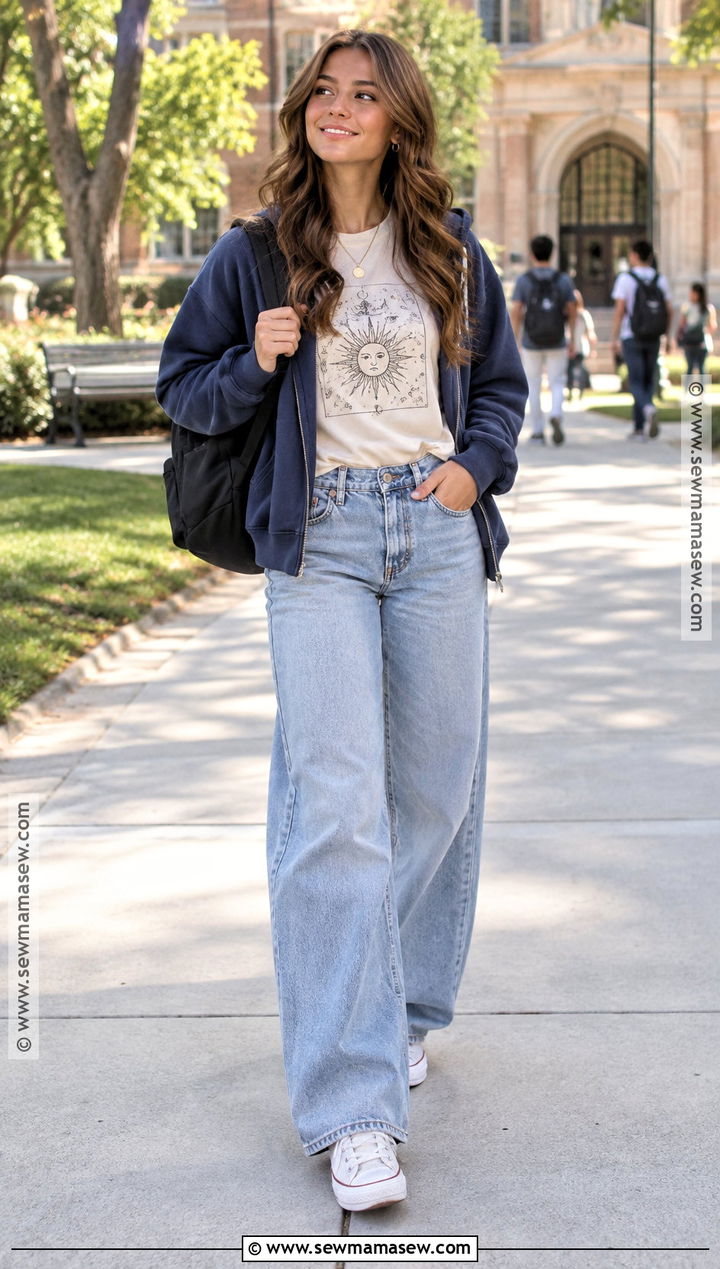 Back To School Graphic Tee And Wide Leg Jeans Outfit - 15 Clothes Back To School Cute Outfits