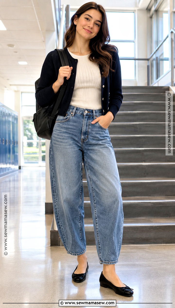 Back To School Knit Top And Barrel Jeans Outfit - 15 outfit inspirations back to school ideas