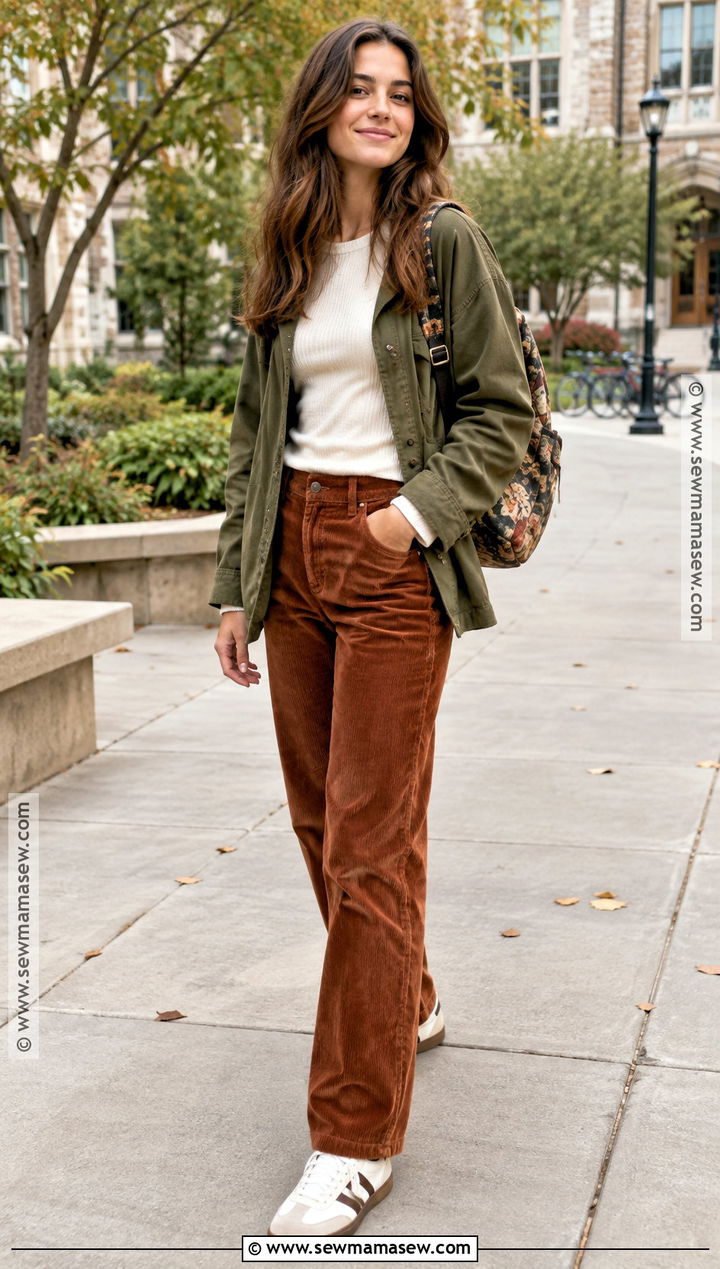 Back To School Long Sleeve Top And Corduroy Pants Outfit - 20 Back To School List Clothes