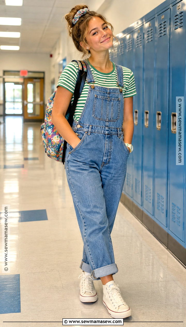 Back To School Overalls And Striped Tee Outfit - 15 Back To School Outfit With Accessories