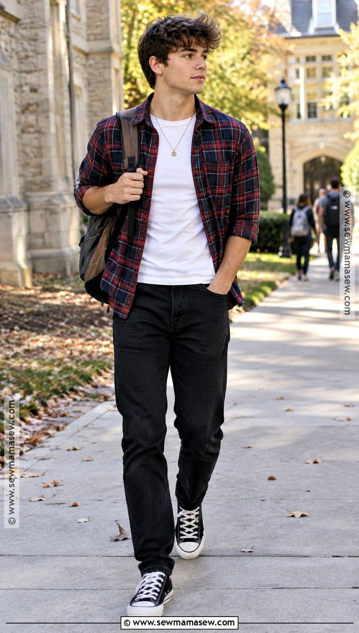 Back To School Plaid Shirt And Black Jeans Outfit - 15 Clothes Back To School Cute Outfits