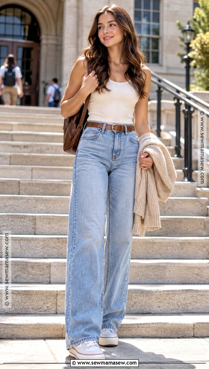 Back To School Ribbed Top And Wide Leg Jeans Outfit - 20 back to school outfits summer casual