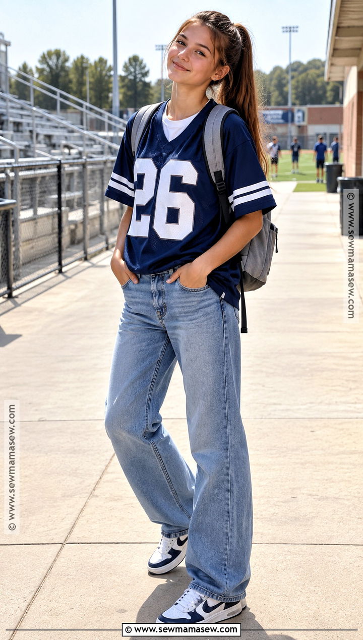 Back To School Sports Jersey And Loose Jeans Outfit - 15 Back To School Outfits 8Th Grade 2026