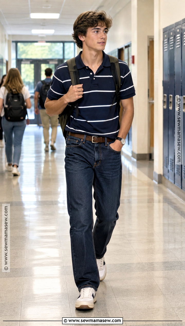 Back To School Striped Polo And Straight Jeans Outfit - 20 Clothes For Back To School