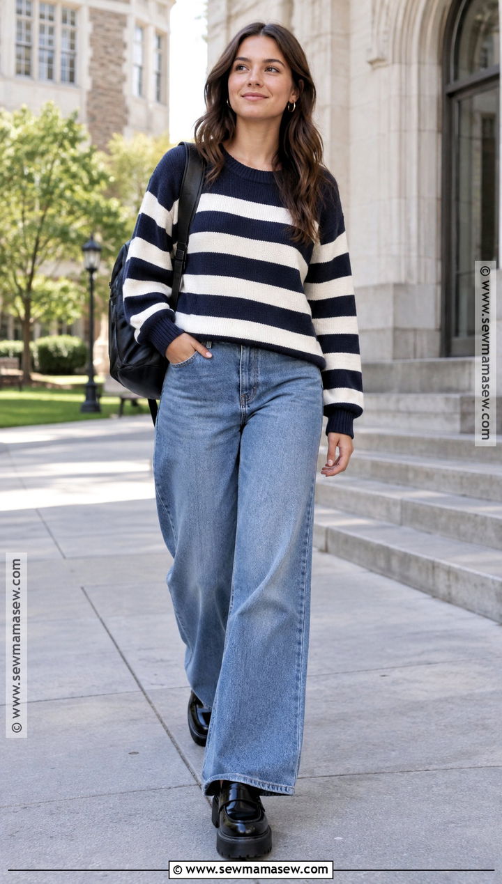 Back To School Striped Sweater And Wide Leg Jeans Outfit - 25 Backtoschool Outfits