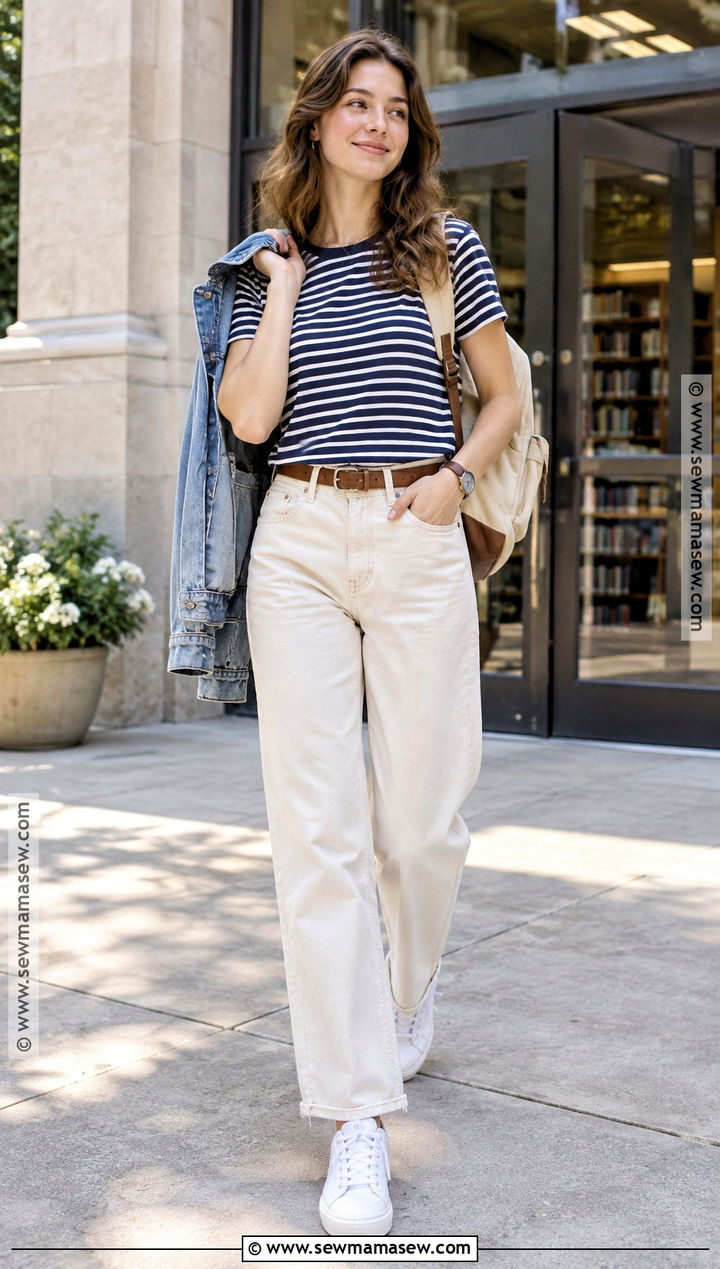 Back To School Striped Tee And White Jeans Outfit - 20 back to school outfits summer casual