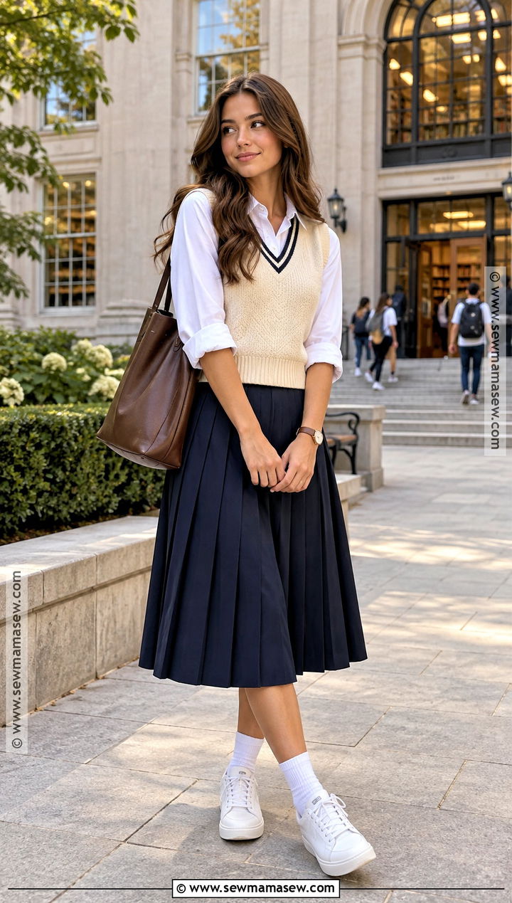 Back To School Sweater Vest And Pleated Midi Skirt Outfit - 20 Back To School Fashion Ideas