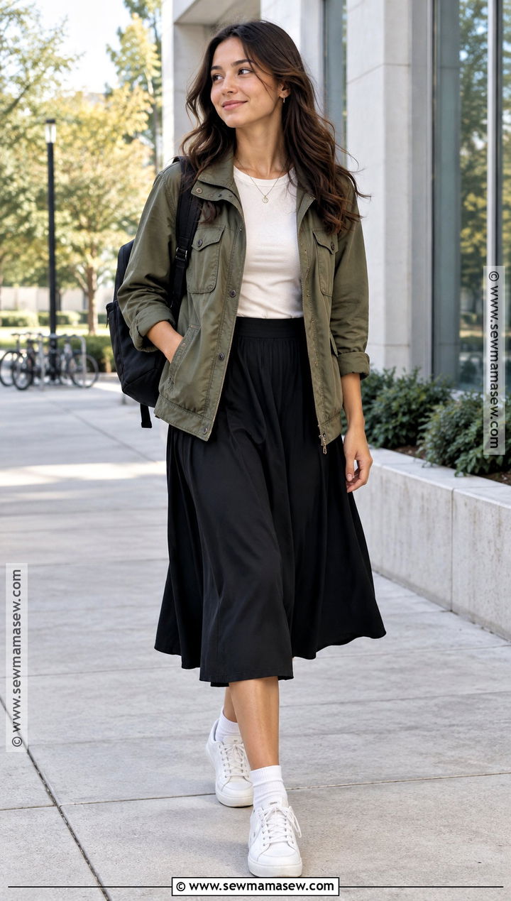 Back To School Utility Jacket And Midi Skirt Outfit - 15 What Clothes To Buy For Back To School