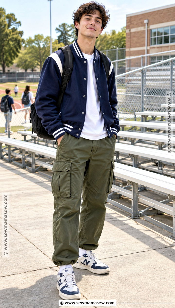 Back To School Varsity Jacket And Cargo Pants Outfit - 20 Clothes For Back To School