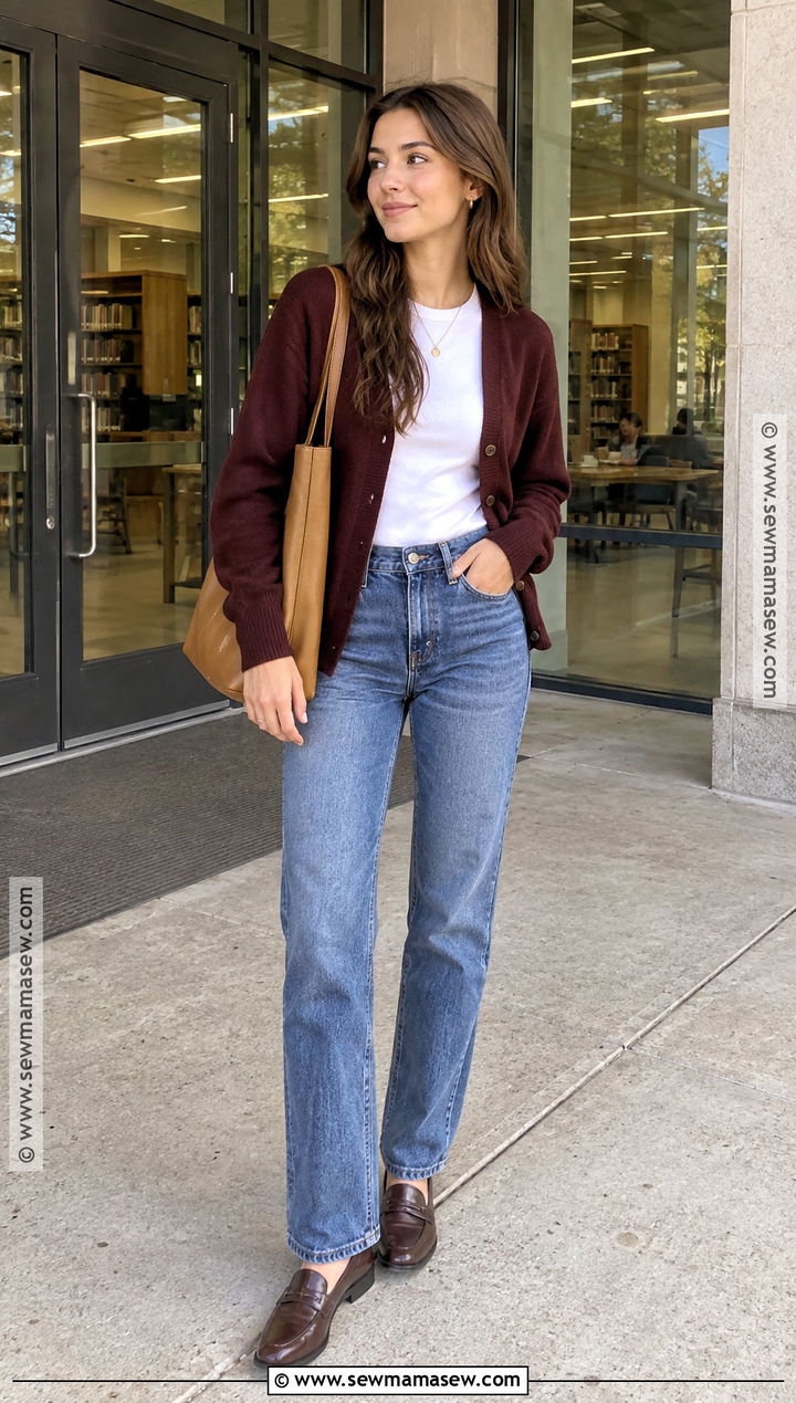 Back to School Cardigan and Straight Leg Jeans Outfit - 20 back to school looks