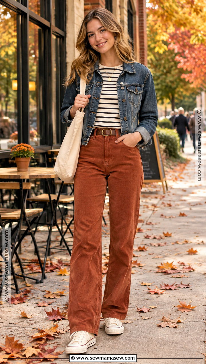 Back to School Corduroy Pants and Striped Tee Outfit - 20 back to school looks