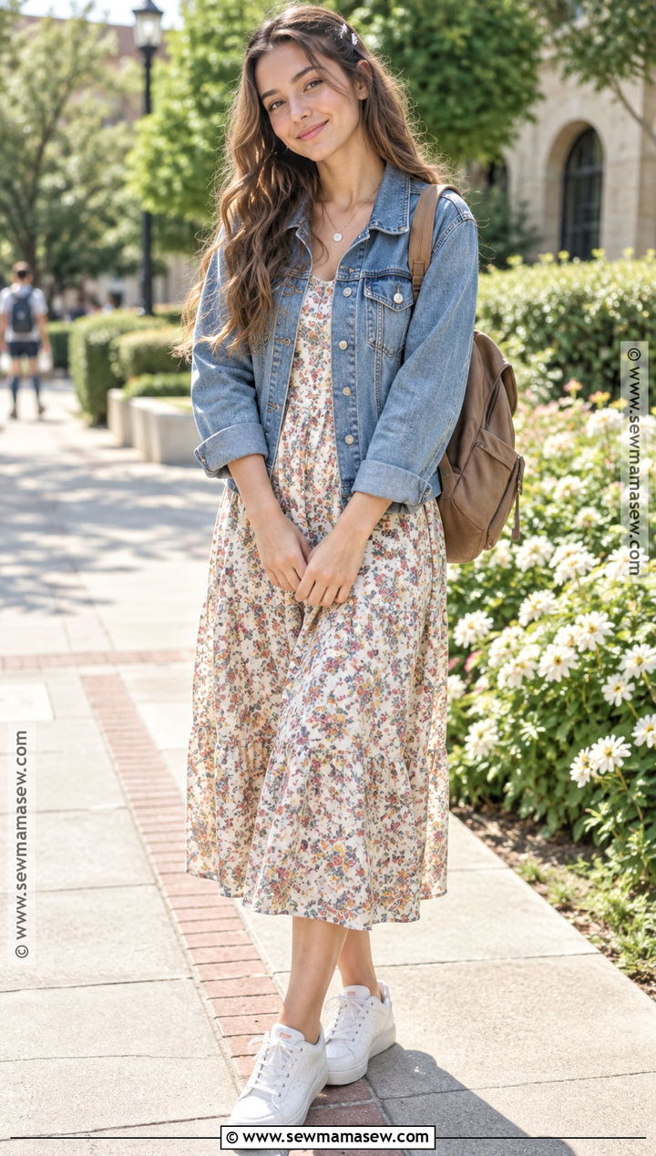 Back to School Denim Jacket and Floral Dress Outfit - 15 back to school outfits 2026