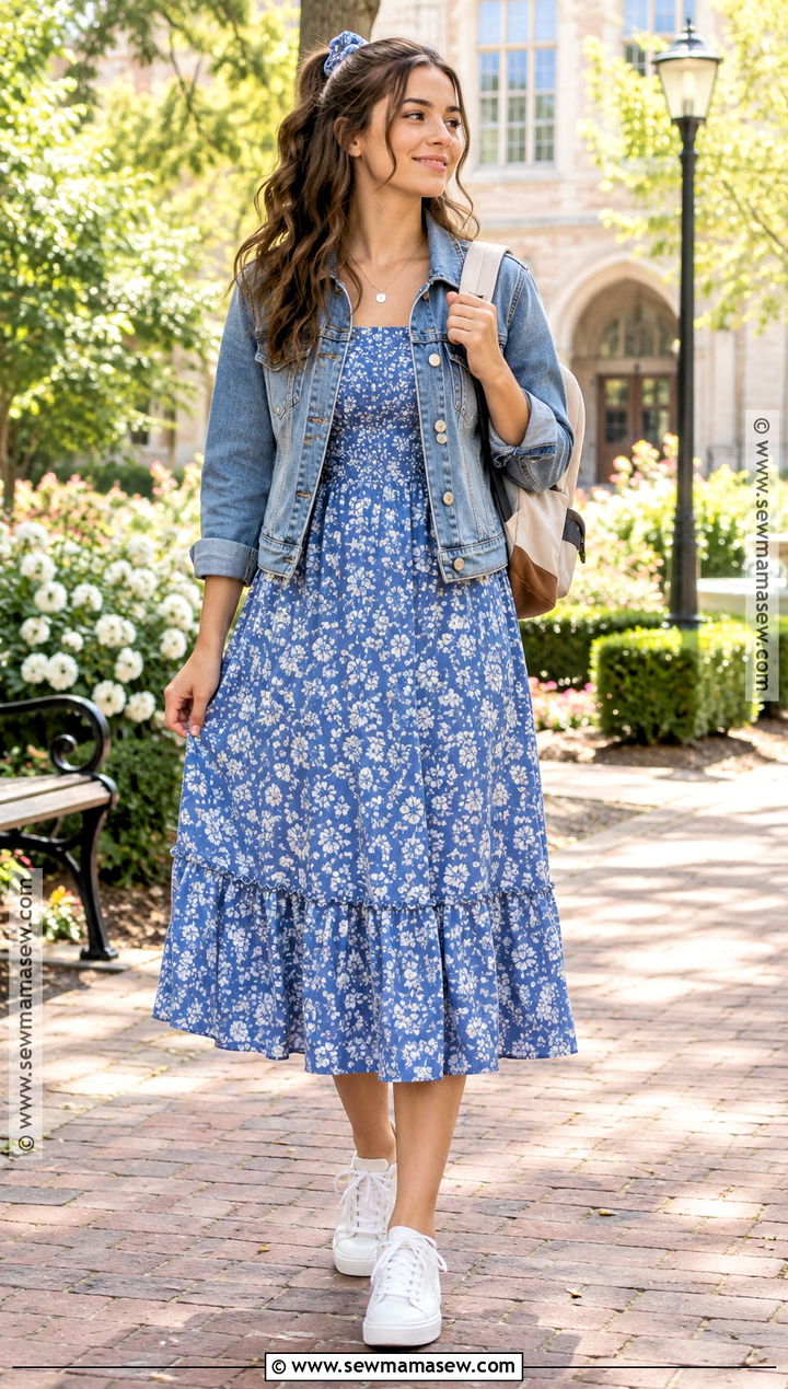 Back to School Denim Jacket and Midi Dress Outfit - 15 back to school outfit checklist ideas