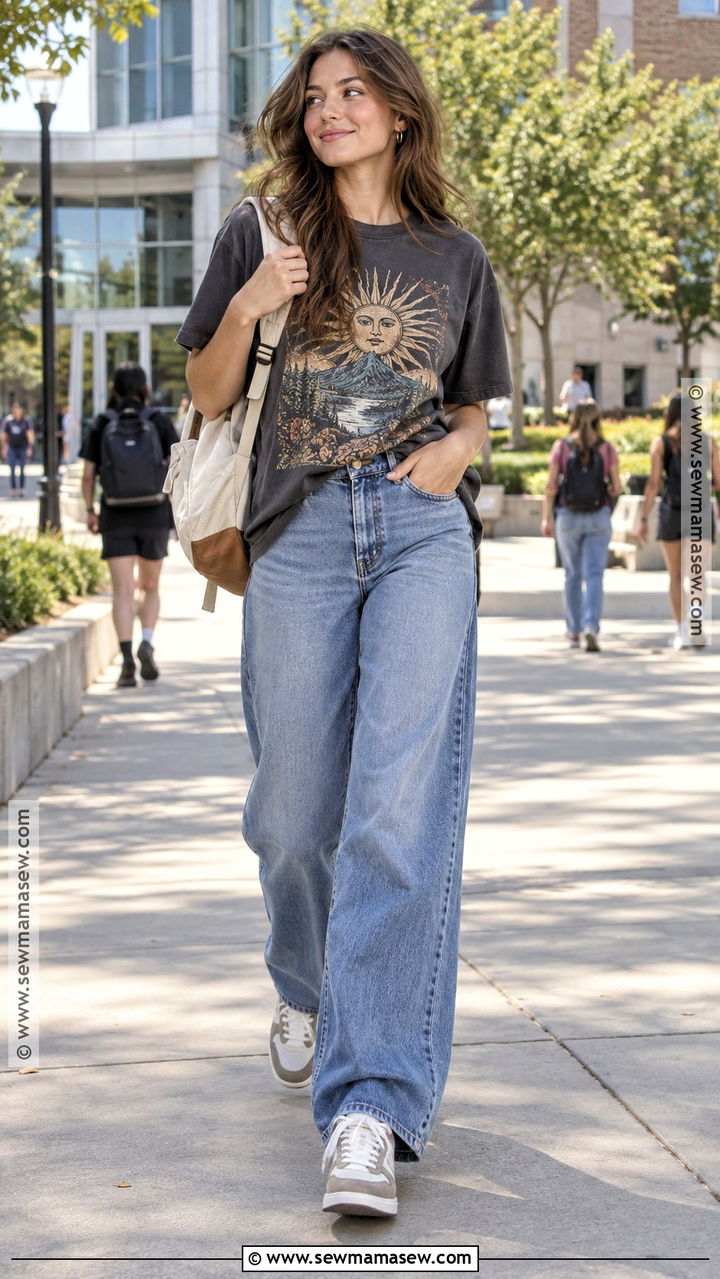 Back to School Graphic Tee and Wide Leg Jeans Outfit - 20 fits back to school