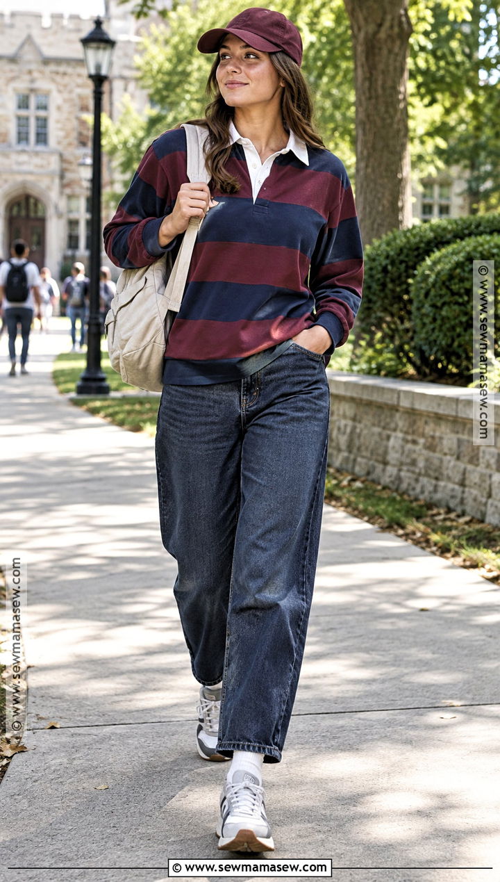 Back to School Rugby Shirt and Relaxed Jeans Outfit - 15 back to school outfit checklist ideas