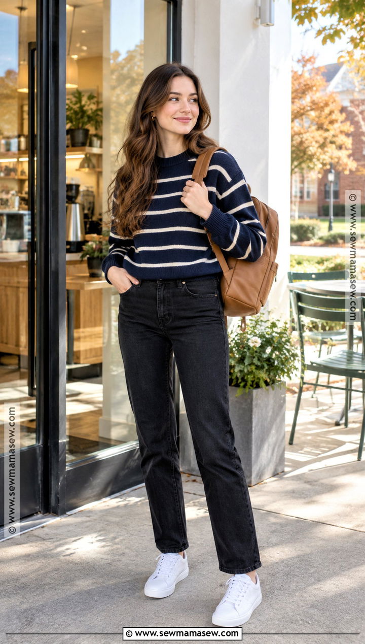 Back to School Striped Sweater and Black Jeans Outfit - 15 back to school outfit checklist ideas