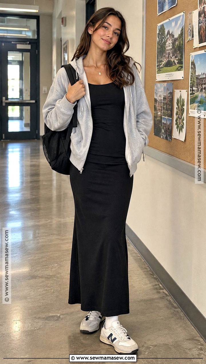 Back to School Zip Up Hoodie and Maxi Dress Outfit - 20 back to school looks