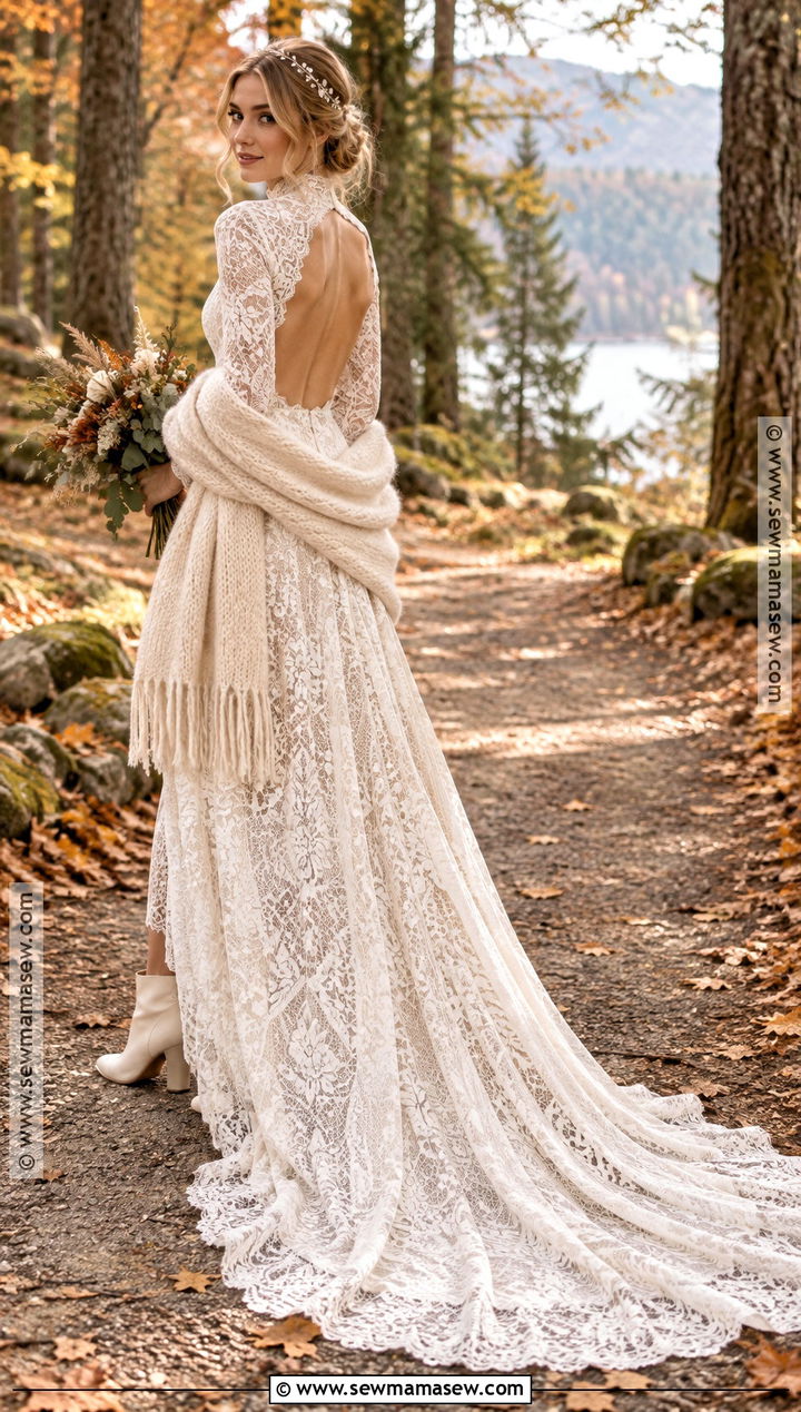 Backless Lace Boho Autumn Wedding Dress - 15 boho autumn wedding dress ideas