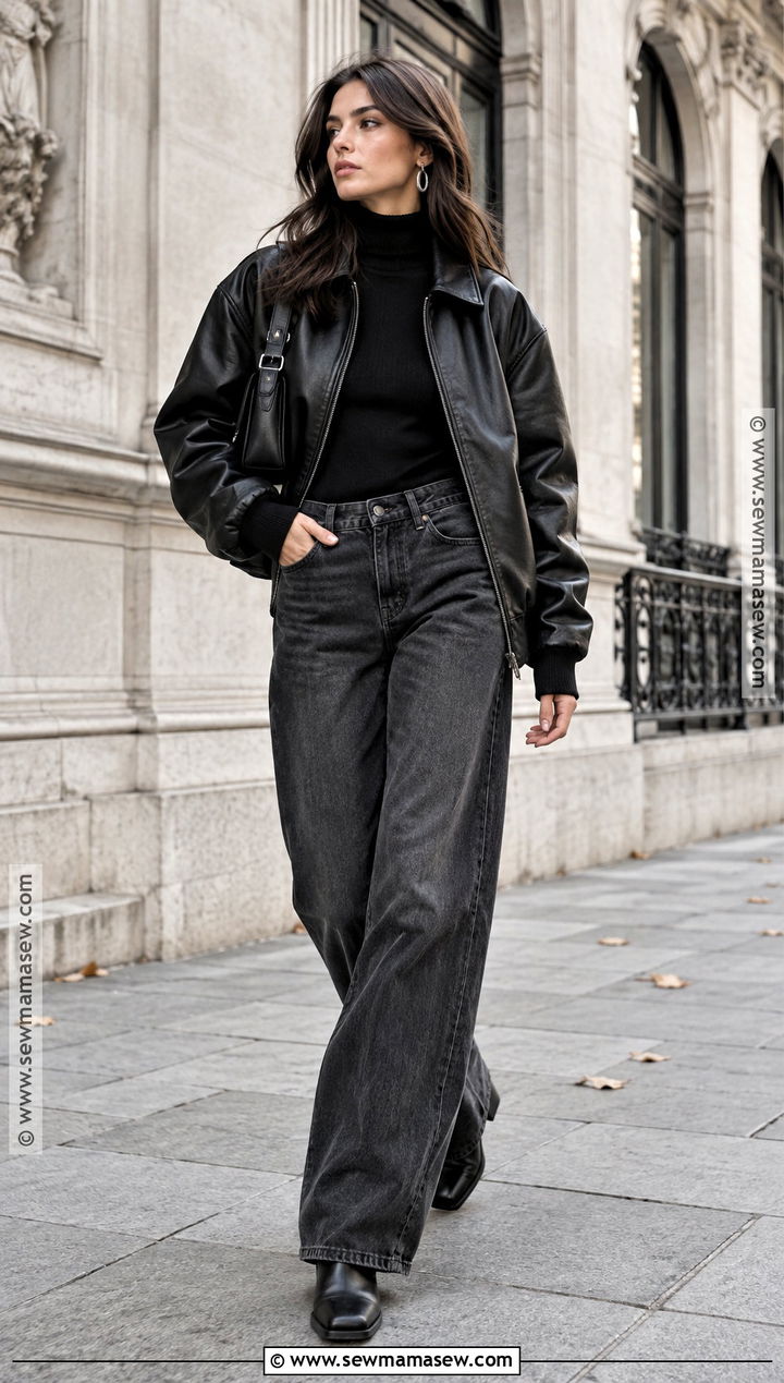 Baggy Black Jeans and Oversized Leather Jacket Outfit - 20 Baggy Autumn Outfit Ideas