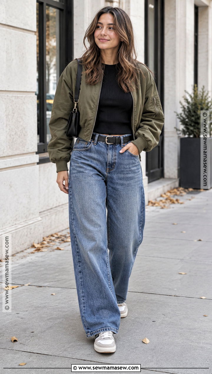 Baggy Blue Jeans With Fitted Knit And Bomber Jacket - 20 blue jeans fall outfit