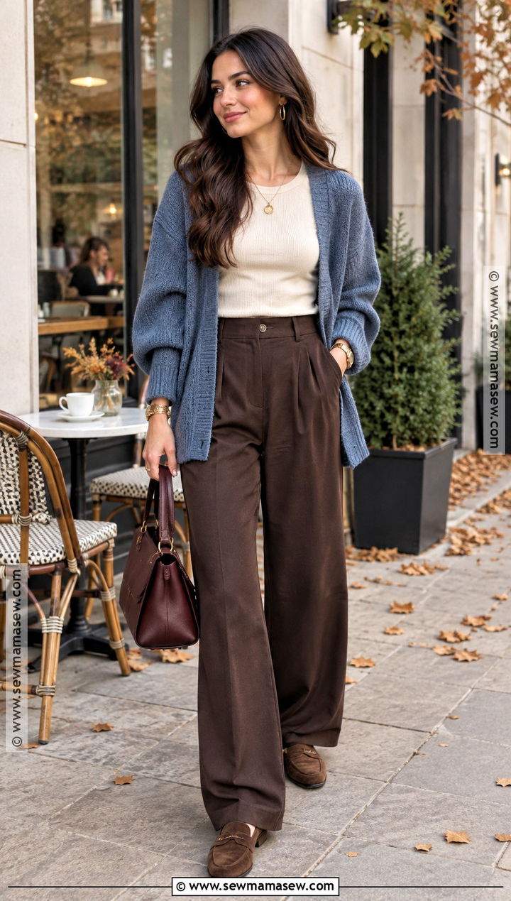 Baggy Brown Trousers and Oversized Cardigan Outfit - 20 Baggy Autumn Outfit Ideas