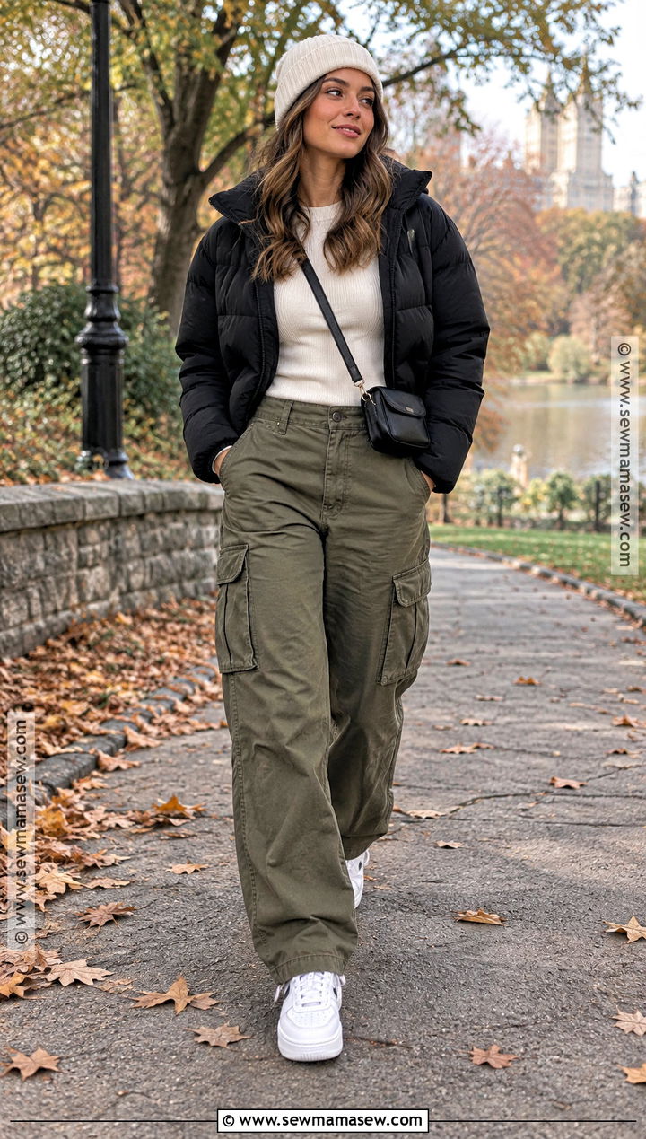 Baggy Cargo Pants And Cropped Puffer Fall Outfit - 20 Fall Outfits Baggy