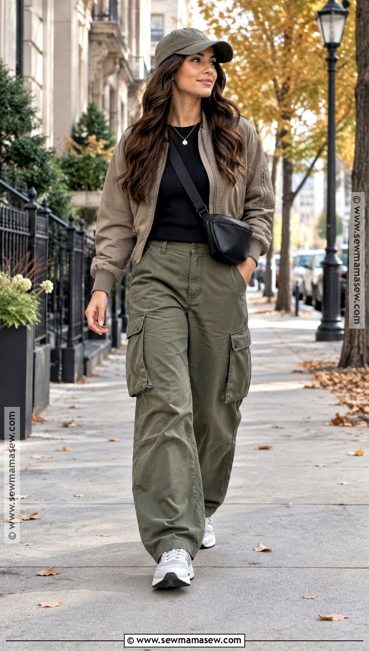 Baggy Cargo Pants With Bomber Jacket And Sneakers - 15 Fall Baggy Pants Outfit