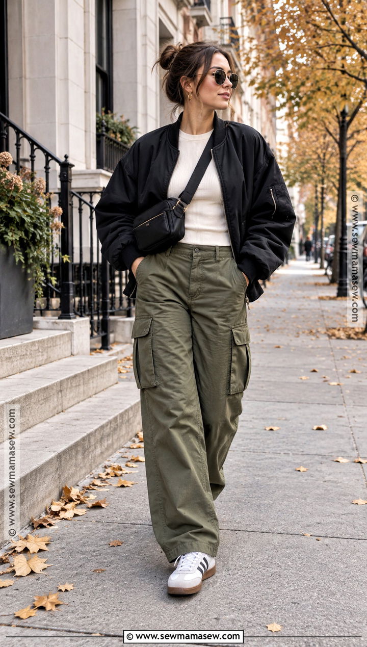 Baggy Cargo Pants and Oversized Bomber Jacket Outfit - 20 Baggy Autumn Outfit Ideas