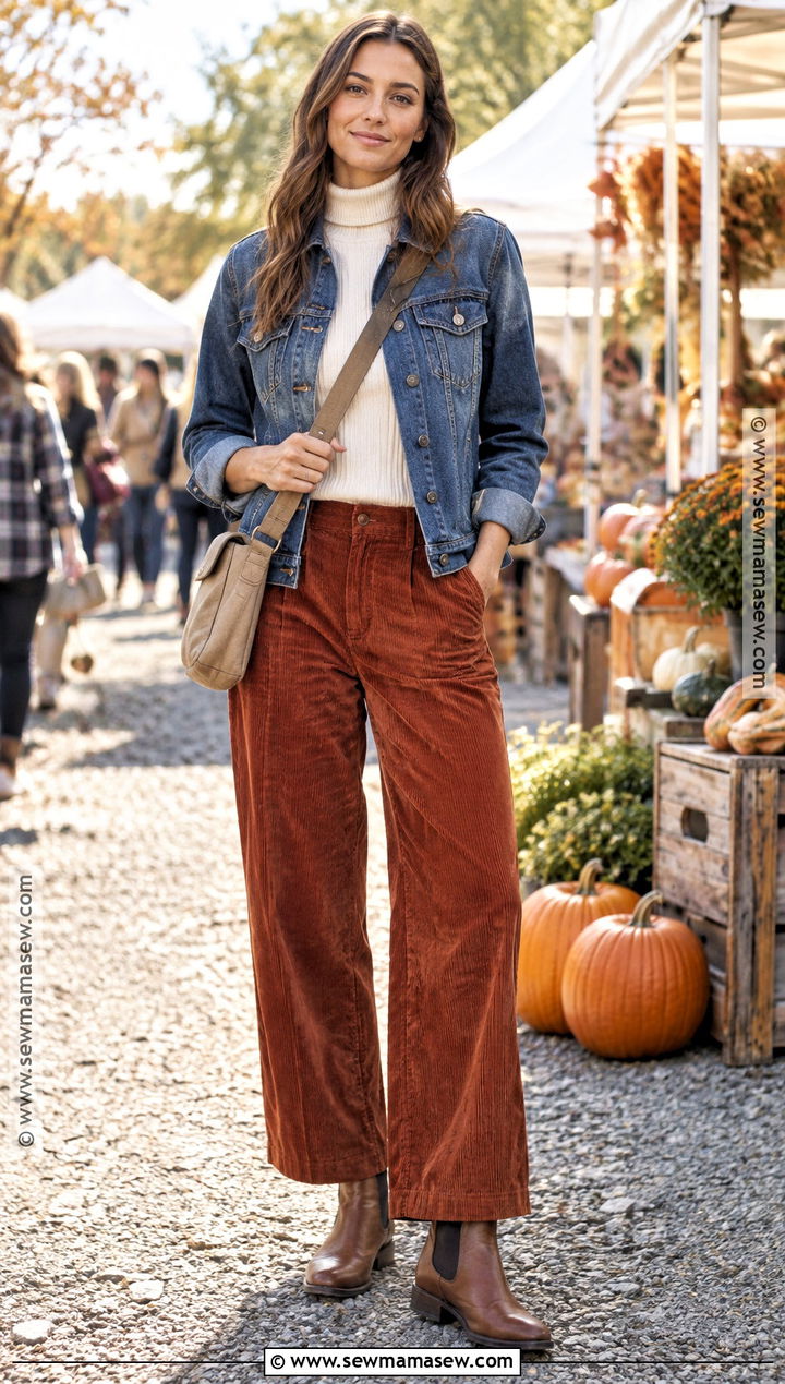 Baggy Corduroy Pants With Denim Jacket And Boots - 15 Fall Baggy Pants Outfit