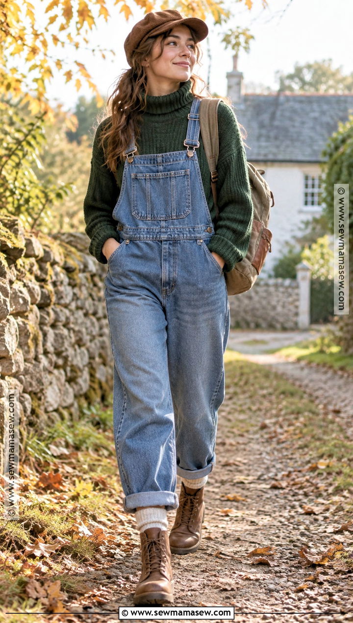 Baggy Denim Overalls and Chunky Knit Outfit - 20 Baggy Autumn Outfit Ideas